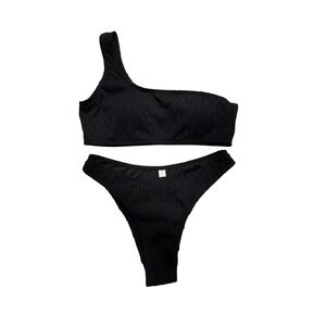 Ribbed One Shoulder Bikini‎ Set - Sexy Swimsuit - Black - Size M